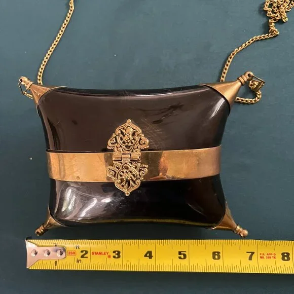 Vintage 1930's Brass & Buffalo Horn Pillow Purse Velvet Lining Gold Chain Strap - Picture 5 of 6